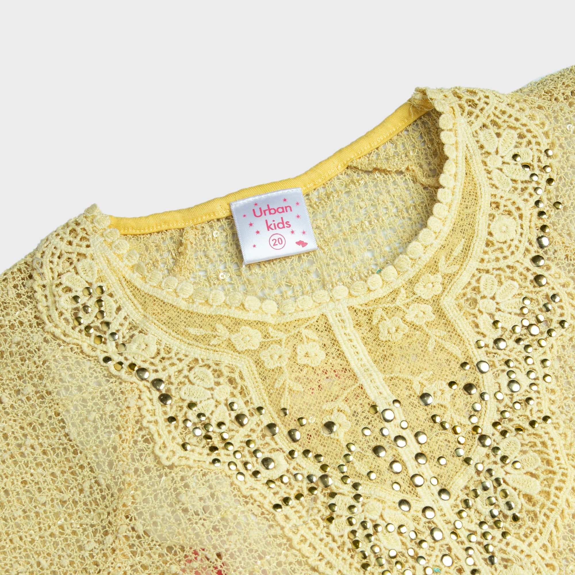 Yellow Neck Embroidered Bat Sleeves Net Top