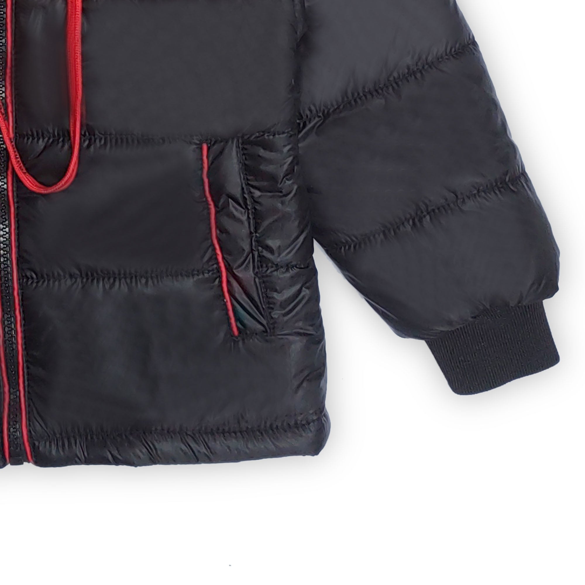 RED PANNELED BLACK PUFFER JACKET