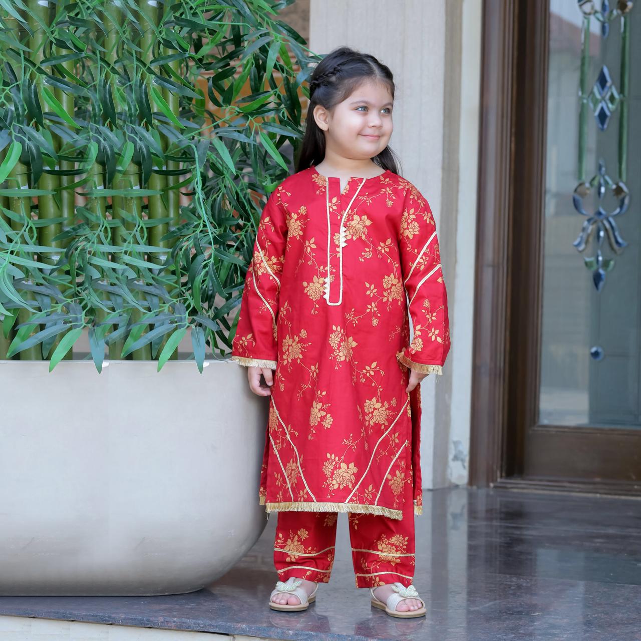 Winter Cambric Maroon Girl's 2 pcs Suit