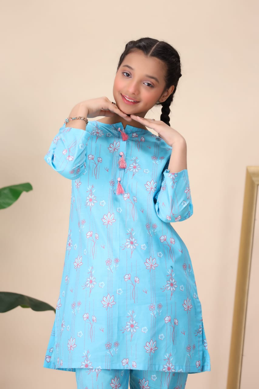girls printed Blue Floral 2pc Suit