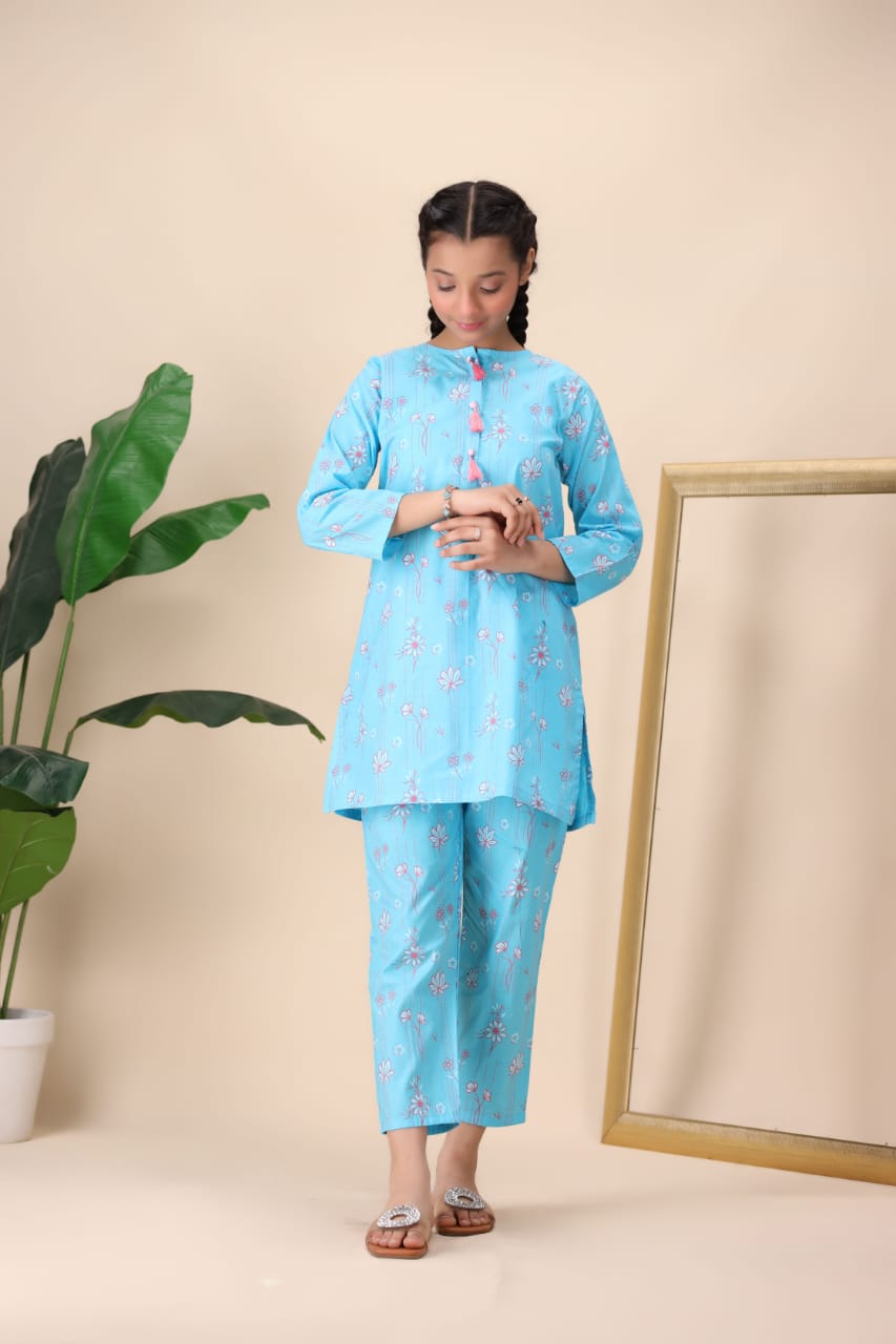 girls printed Blue Floral 2pc Suit