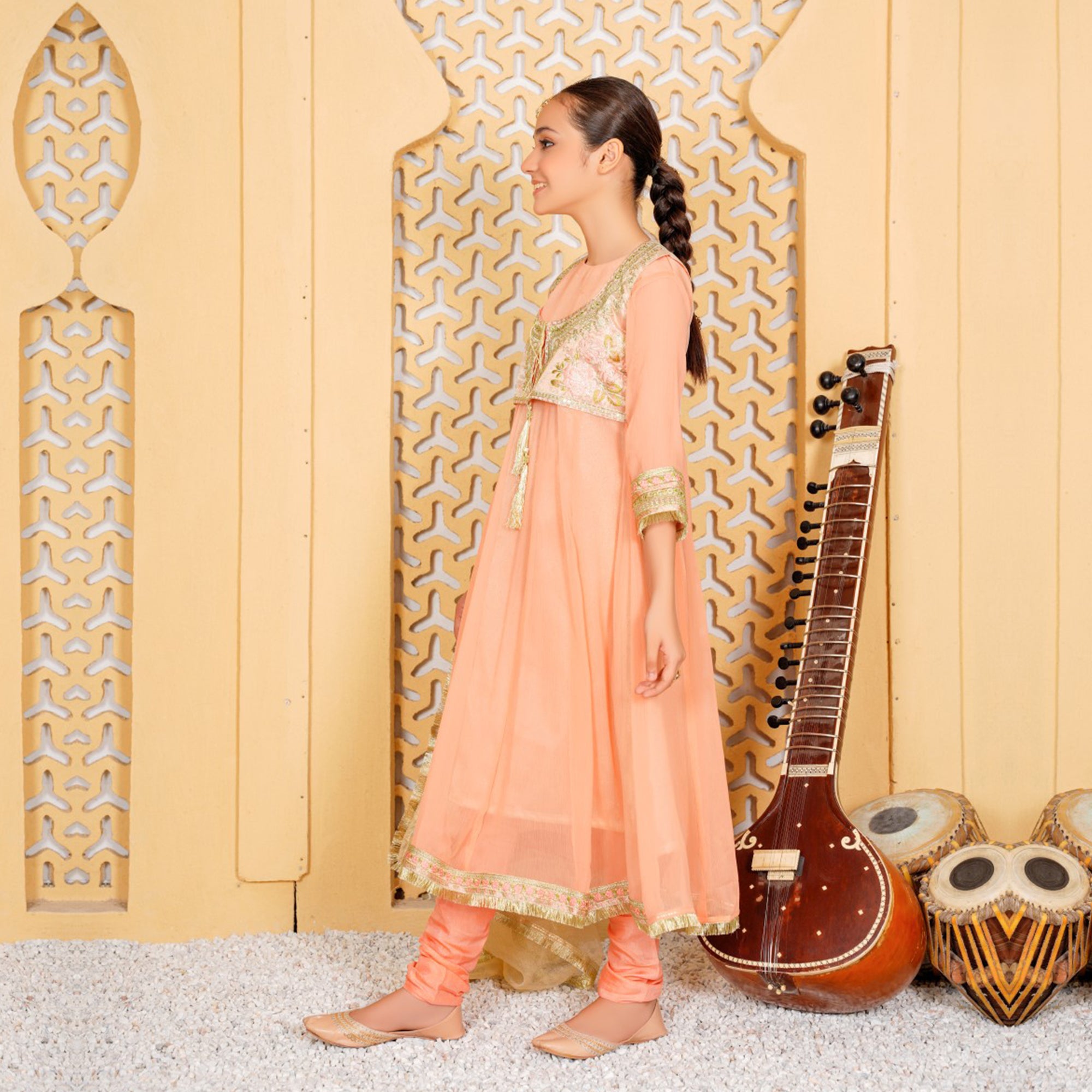 Chiffone Peach Embroidered Suit