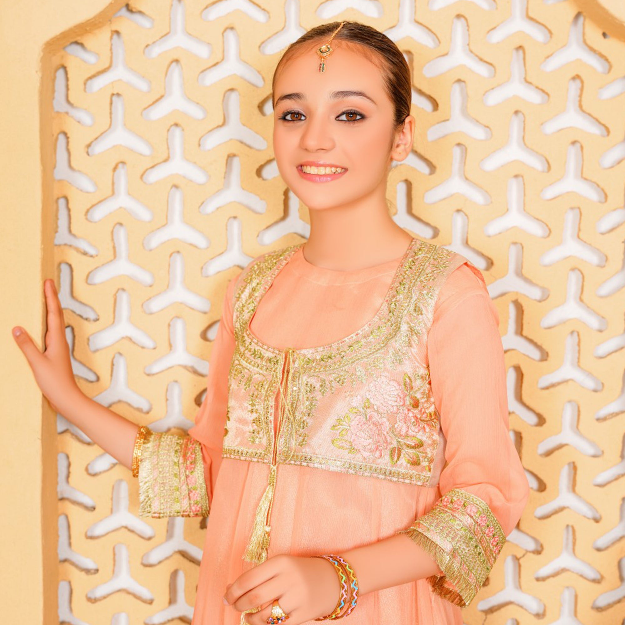 Chiffone Peach Embroidered Suit