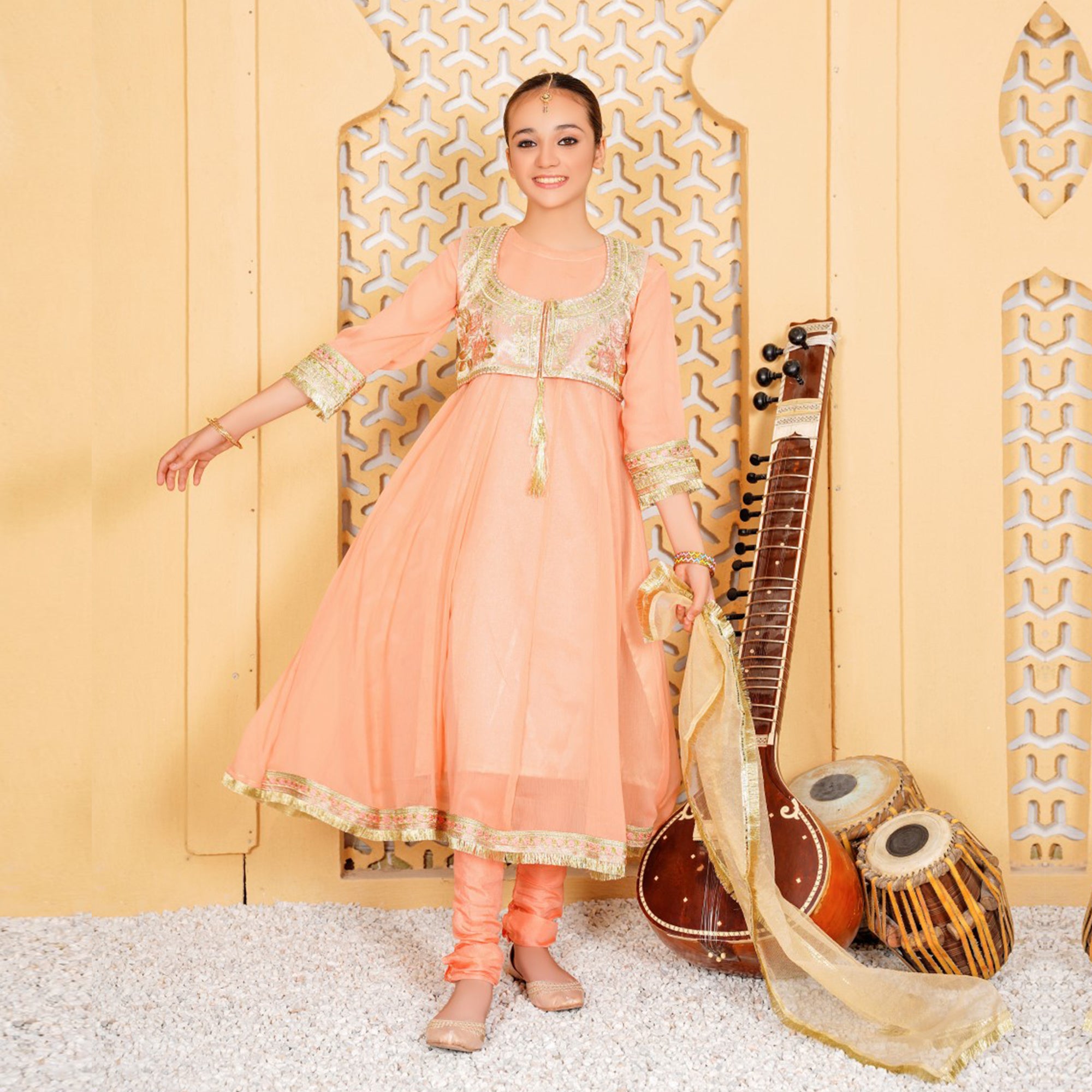 Chiffone Peach Embroidered Suit