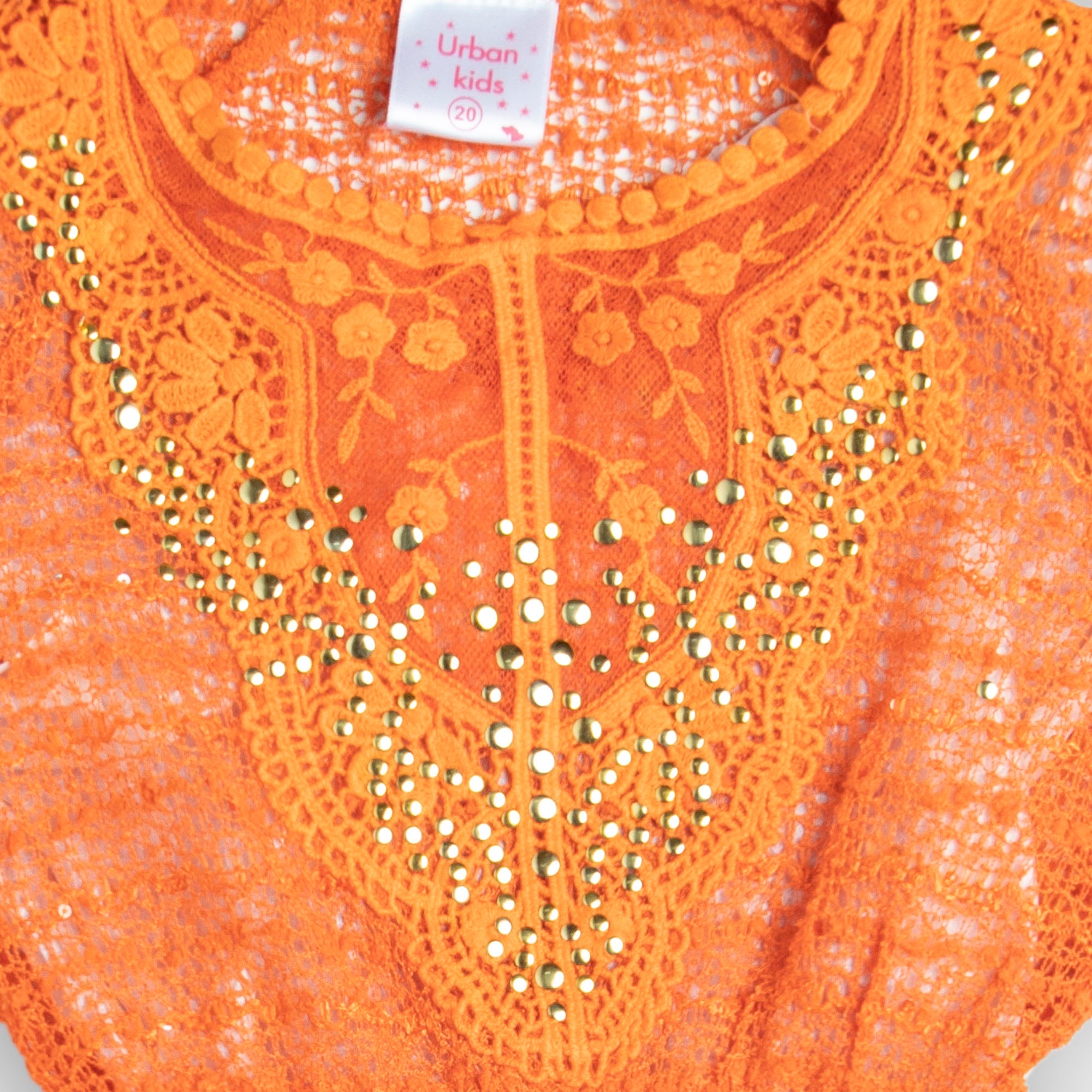 Orange Neck Embroidered Bat Sleeves Net Top