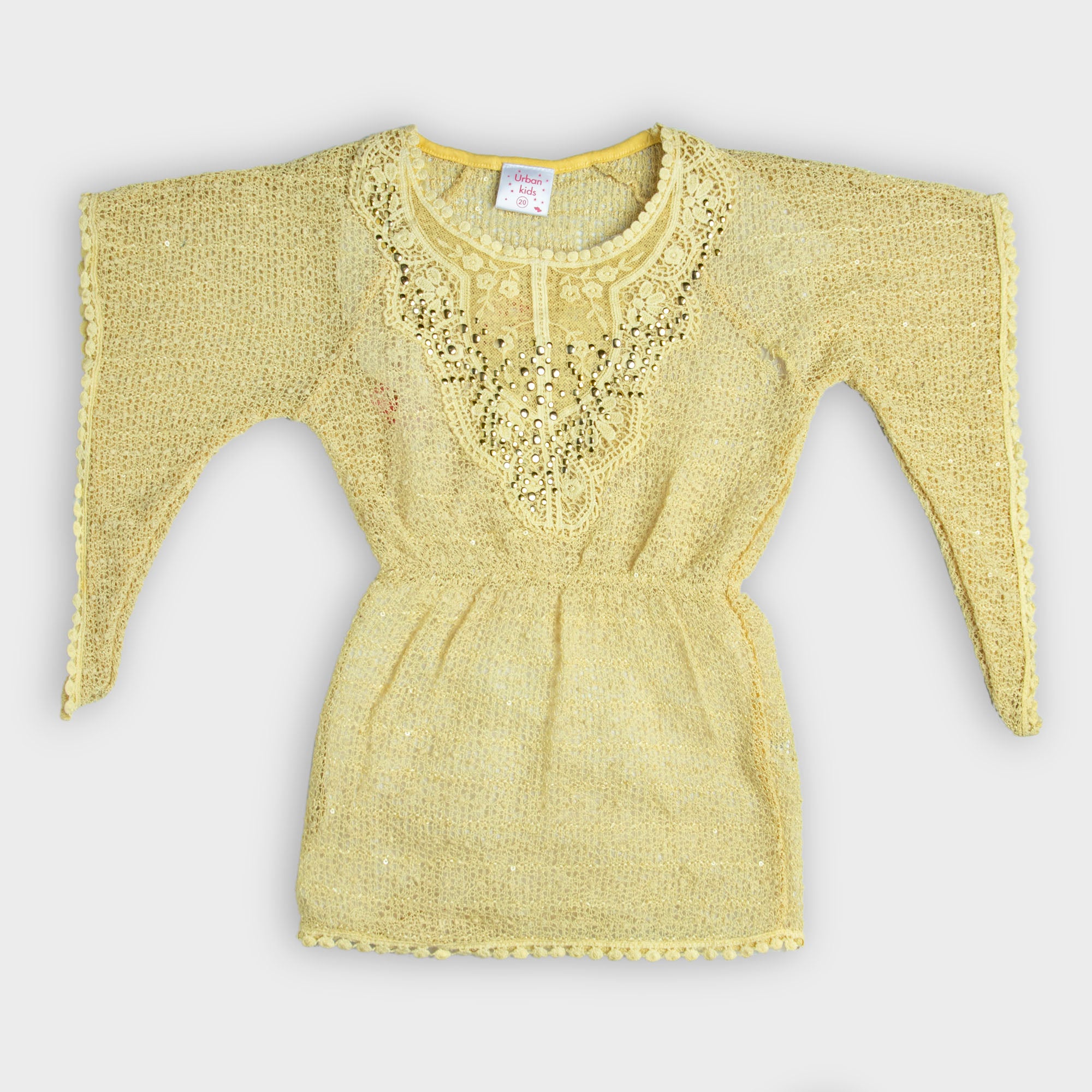 Yellow Neck Embroidered Bat Sleeves Net Top